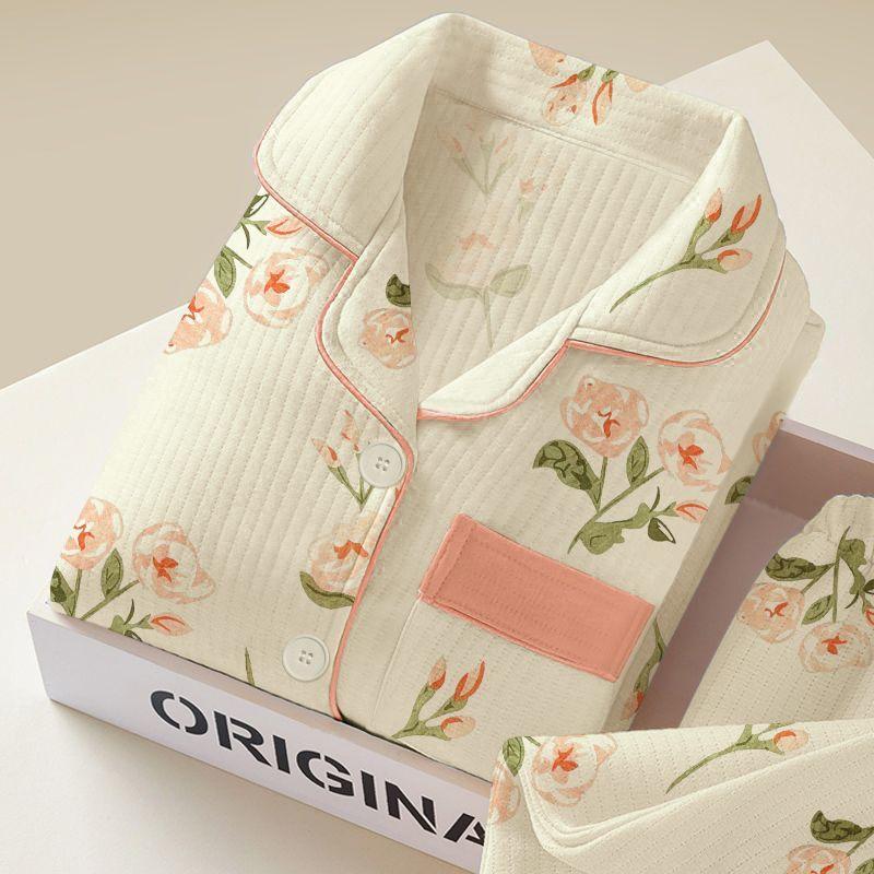 

Женский утолщенный теплый пижамный комплект Осень Зима Хлопковая подкладка Длинный рукав Принт Кардиган Домашняя одежда Комплект из двух предметов XL