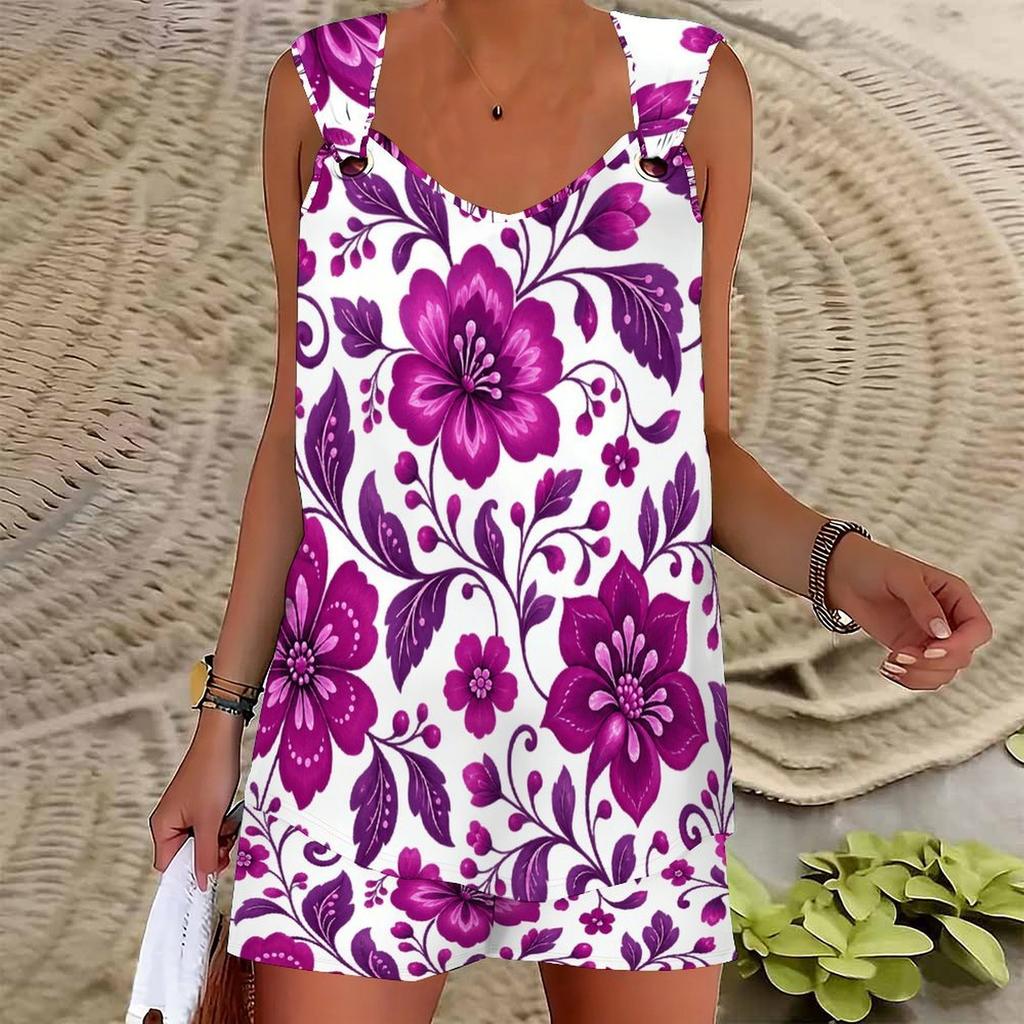 Women Plus Size Floral Printed Sleeveless Ring Strap Curved Hem Tank Top Pocket Shorts Two Piece Set