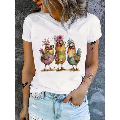T-shirt a maniche corte con stampa di galline carine, Taglie europee, Top casual girocollo per estate e primavera, Abbigliamento da donna