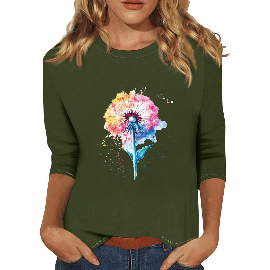 3/4-Ärmel Oberteile für Damen T-Shirt Lässig Print Oberteile T-Shirt Rundhals Pullover Bluse
