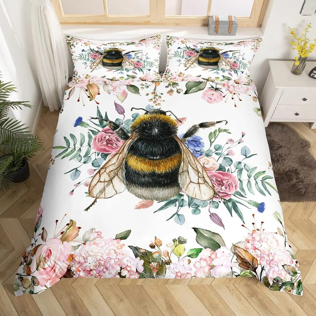 Bee And Butterfly Duvet Cover SetSpring Floral Bedding Sets For Boys GirlsColorful Flowers Country Style Comforter Cover Queen