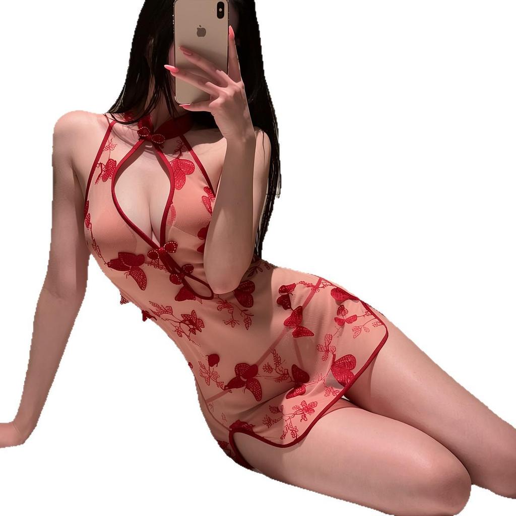 Sensual See-through Embroidered Butterfly Lingerie and Cheongsam Pajama Set