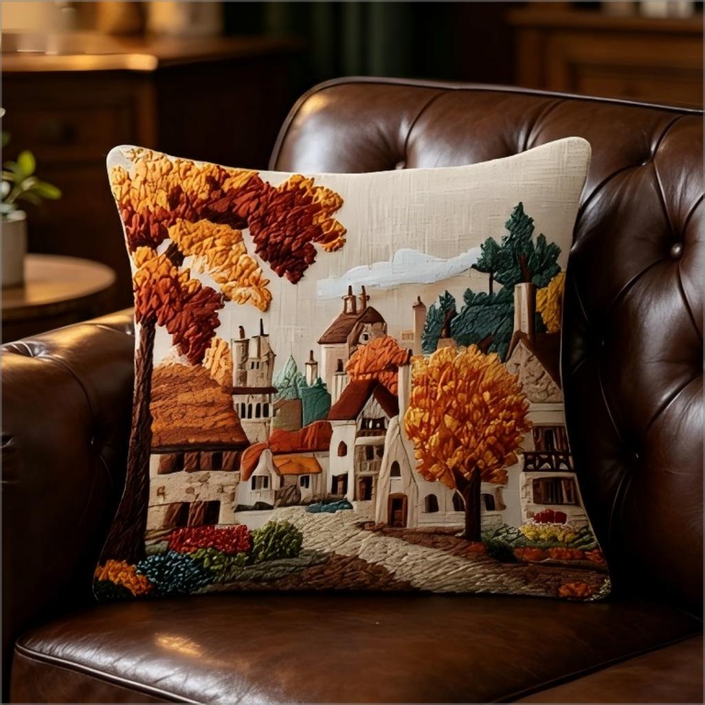 Autumn Village Print Throw Pillow Cover, Faux Embroidery Style Landscape Decorative Cushion Case For Sofa Bedroom