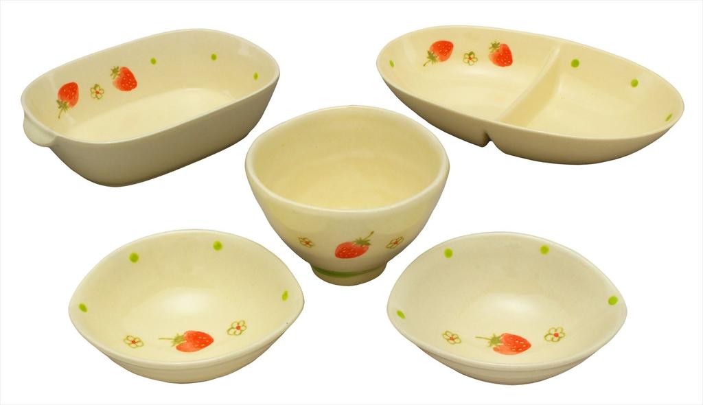 SOUSEN Seto Ware Gift Set of 5 White Medium Plates with Strawberry Boxed Patterns,