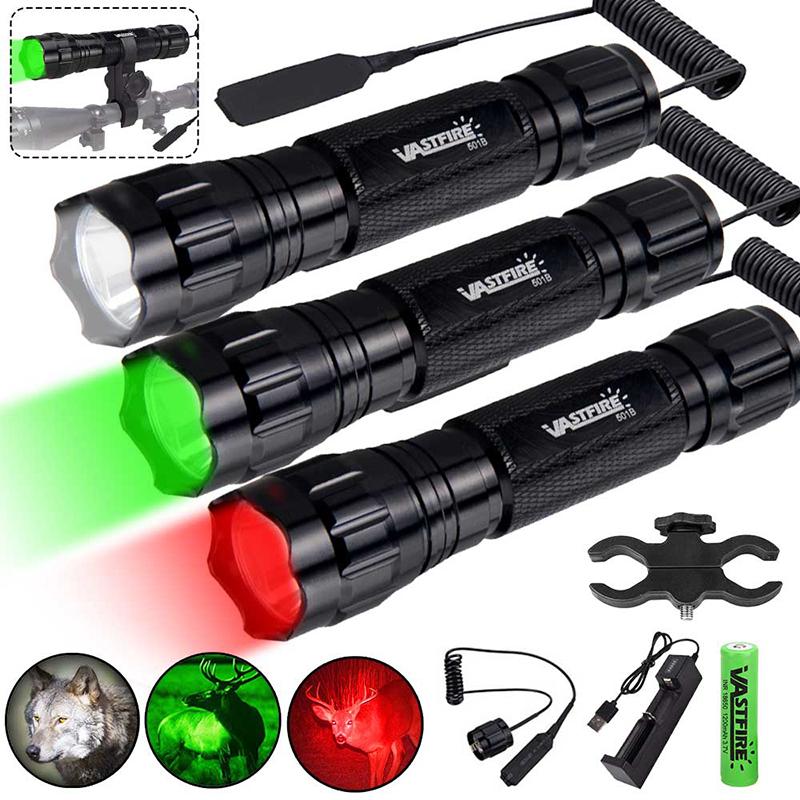 501B 4IN1 Professional Hunting Flashlight Set Green/Red/White/UV 395nm Lantern Tactical 1-Mode Torch Power by 18650 Battery