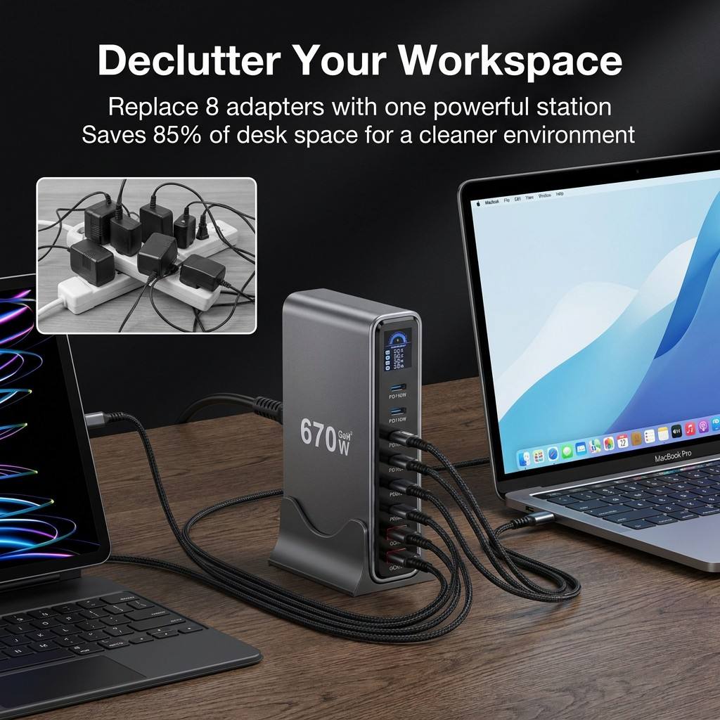 670W GaN³ Desktop Charging Station Digital Power Display 6 USB-C PD 2USB-A QC Power PD 140W Laptop PC Phone Tablet Charger Hub