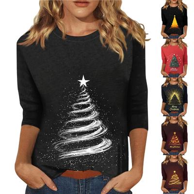 Damen-Oberteil mit Rundhalsausschnitt, 3/4-Ärmeln und Weihnachts-Print