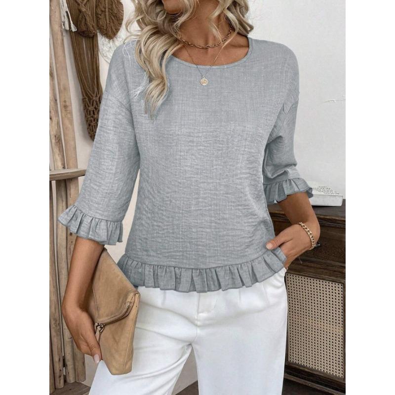 

Women s Summer Solid Color Blouse, Round Neck Loose Short Sleeve Shirt, Thin Breathable Casual Ladies Tops S серый
