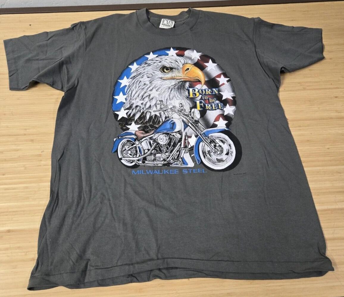Vintage Biker T Shirt 2XL Single Stitch Milwaukee Steel Born To Be Free Eagle 3XL