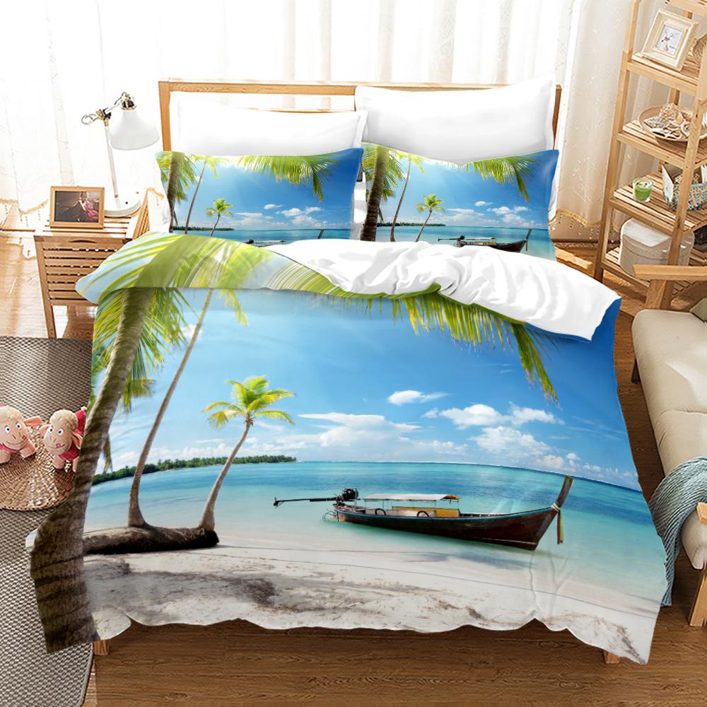 Tropical Landscape Polyester Duvet Cover Sets King Full With Pillowcase Coconut Trees Sea Sunset Natural View Large Sun Pattern