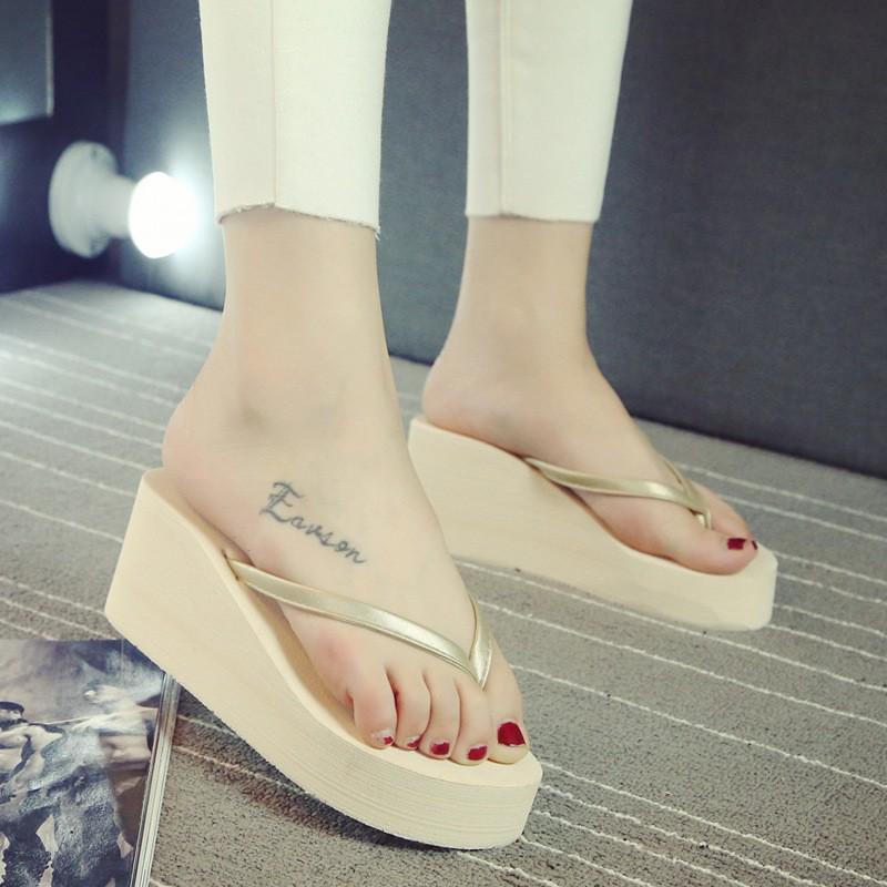 Student Women's Summer Non-Slip Toe-Post Slippers - Korean Style Wedge Heel with Thick Sole.