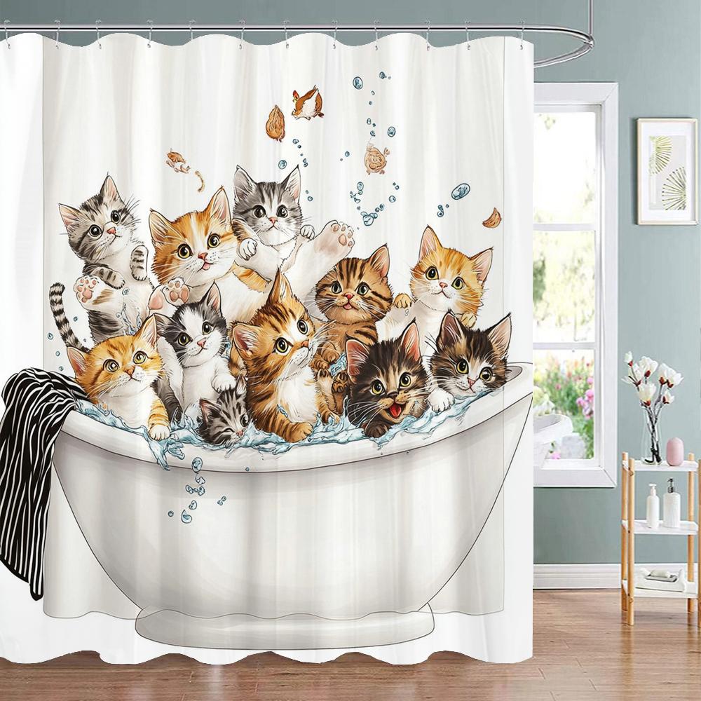 Cartoon Cute Cat Bath in Bathtub Print Shower Curtain for Modern Bathroom Decor, Fabric Washable Home Bath Curtain With Hooks
