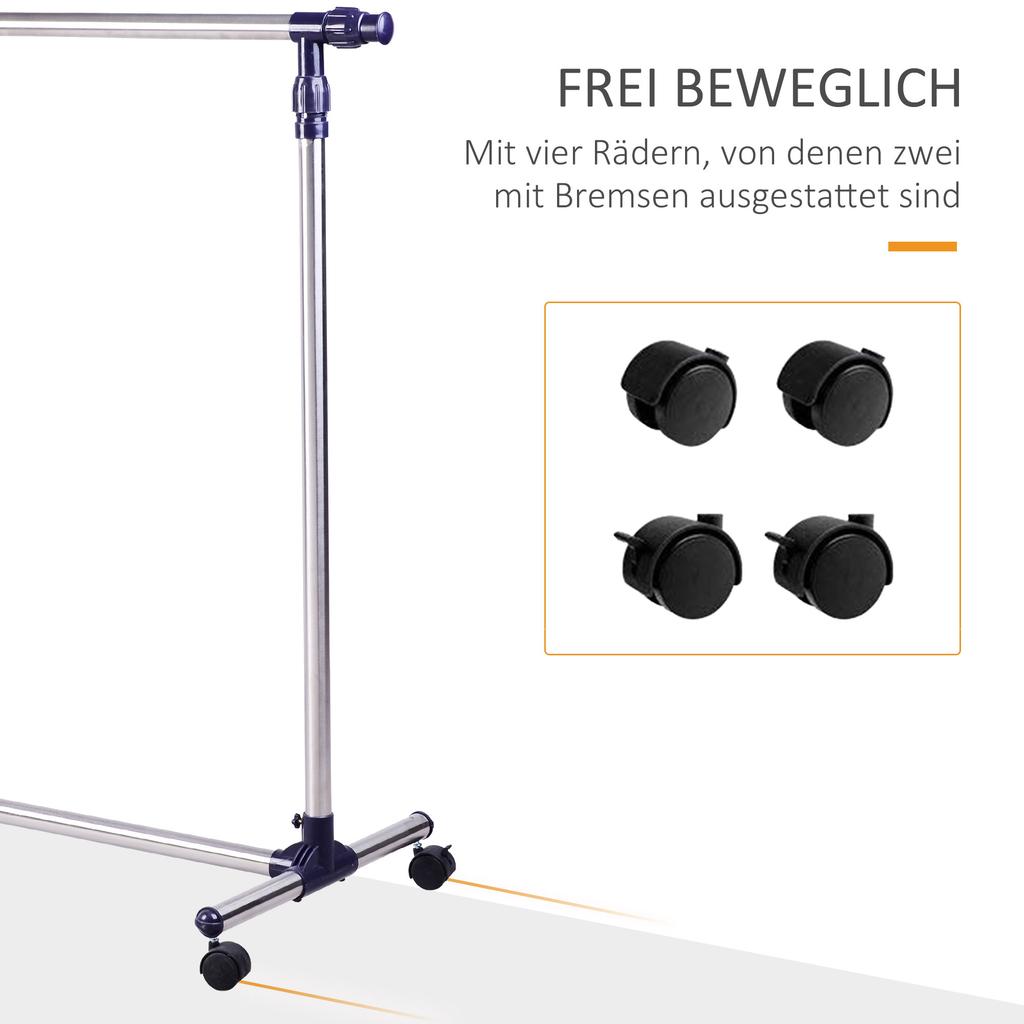 Coat Rack Clothes Rack with Casters Height-Adjustable and Extendable Clothes Rail Drying Rack Free-Standing Wardrobe for Entrance Area Stainless
