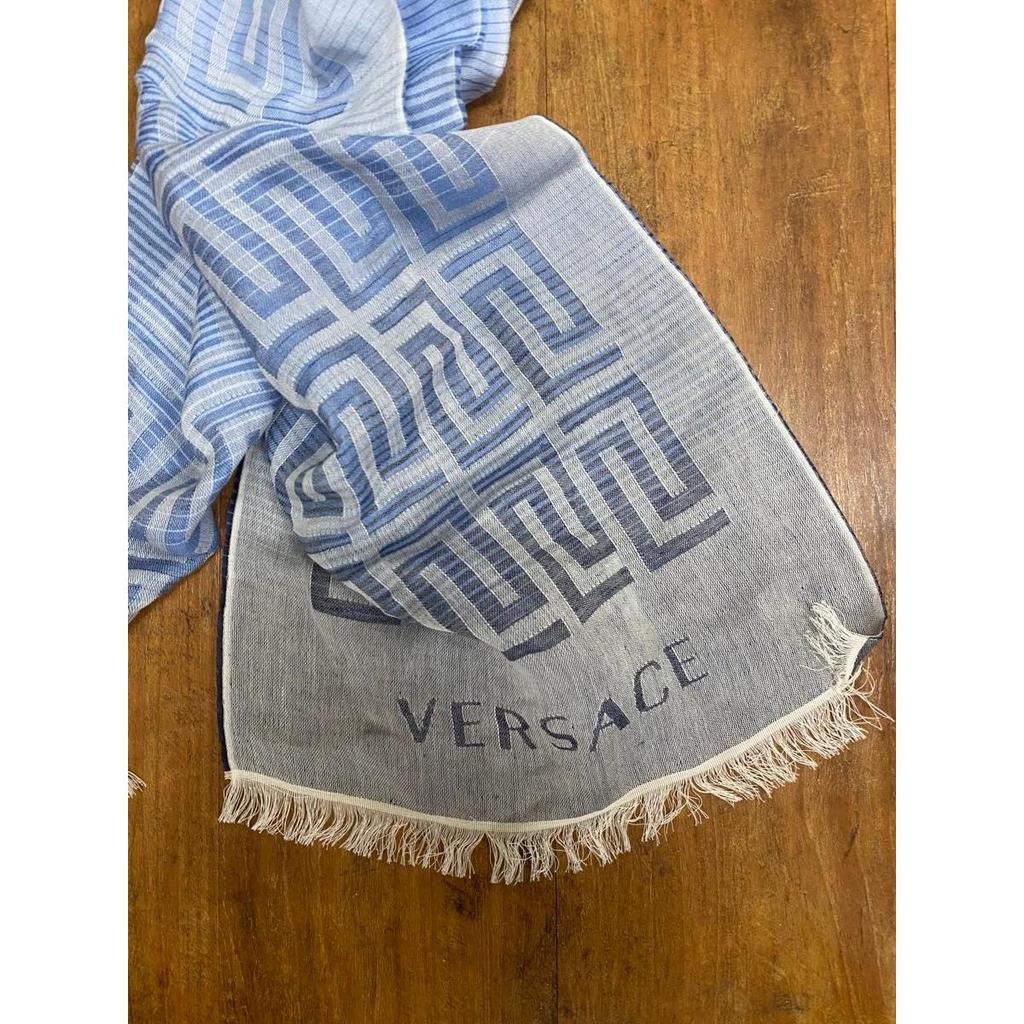Used VERSACE Summer Stole Shawl Blue Geometric Pattern Fringe