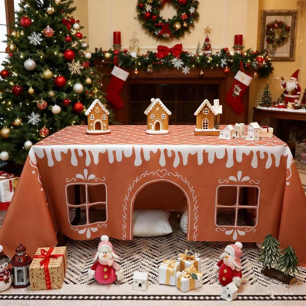 Christmas Table Cover Gingerbread House Washable Reusable Farmhouse Table Runner for Picnic Party Harvest Kitchen Dinner