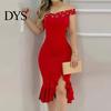 Sleeveless Dress Evening Off Shoulder Sheath Irregular Ruffle Hem Slim Fit Solid Off-the-shoulder Gown Color Faux Pearl Decor Midi for Party
