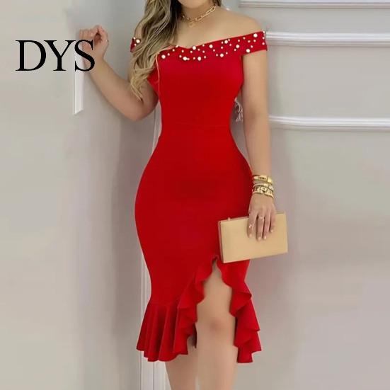 Sleeveless Dress Evening Off Shoulder Sheath Irregular Ruffle Hem Slim Fit Solid Off-the-shoulder Gown Color Faux Pearl Decor Midi for Party