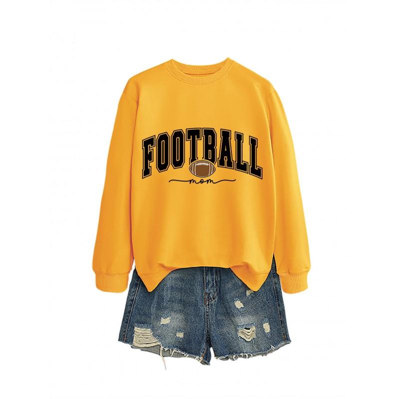 Womens Casual Round Neck Long Sleeve Cotton Sweatshirt With Football Mom Print - Loose Fit Plus Size S-XXL