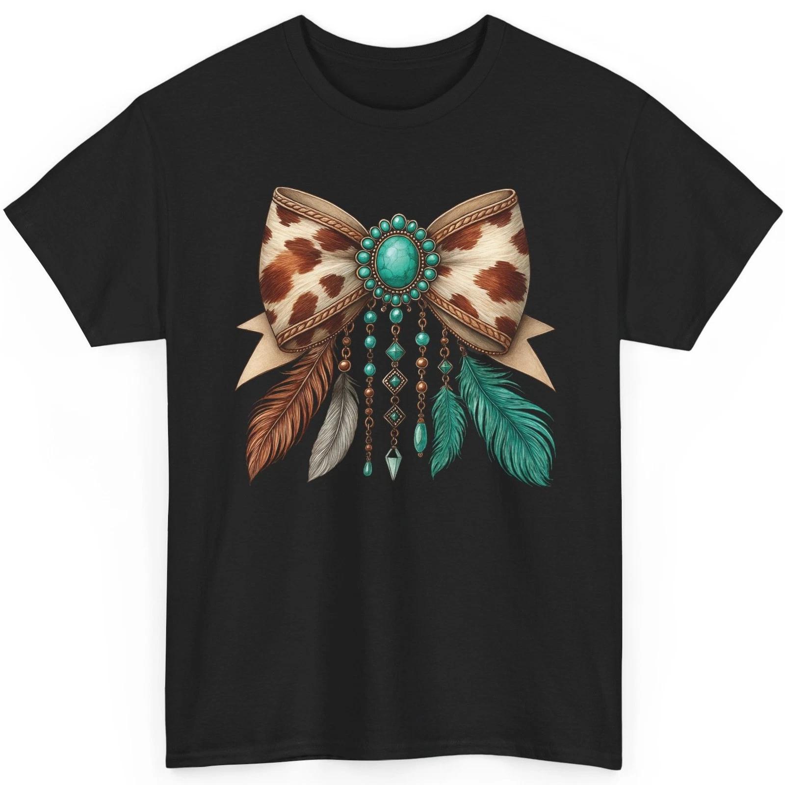 

Женская вестерн футболка с бантом Коровья кожа Графическая футболка Бирюзовый Юго-Запад Кокетливый топ M