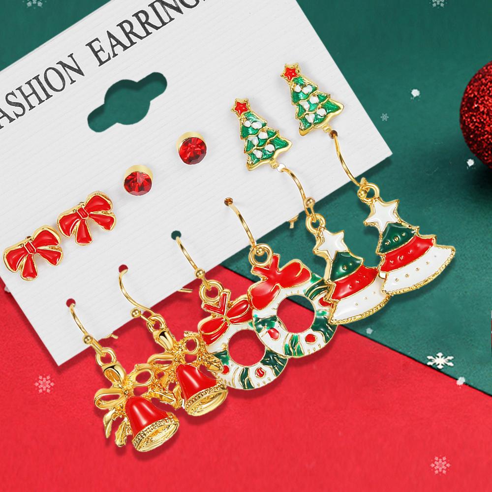 Christmas Series 6 Pairs Of Snowflake Bell Earring Combination Set Cross-border Cartoon Drip Oil Reindeer Santa Earrings