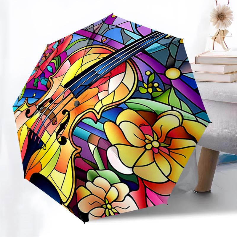Stained Violin & Flowers Auto Open Close Umbrella, Portable Folding Design, 8-Bone Iron Frame Outdoor Umbrella, Festival Gift for Fans, Trav