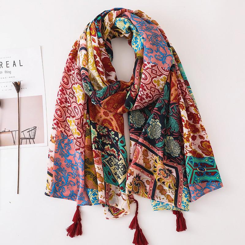 Japanese-Style Cotton & Linen Bohemian Scarf - Cashew Print and Silk Blend, Retro Artistic Design, Sunscreen Towel