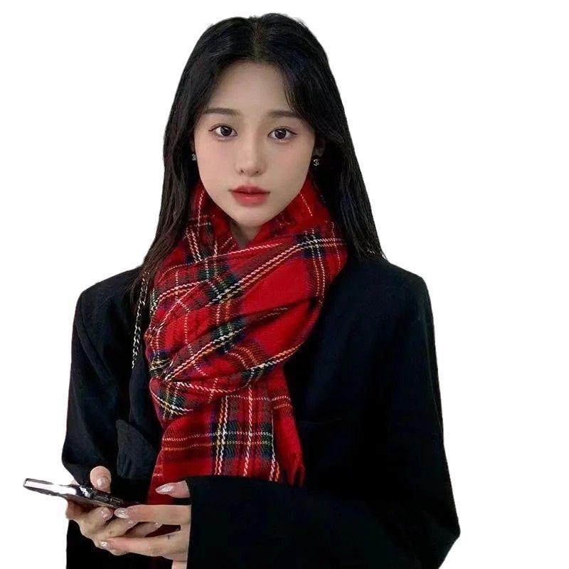 Red Plaid Warm Tassel Atmosphere Scarf Birthday Christmas Gift Winter Versatile Student Couple Shawl Women