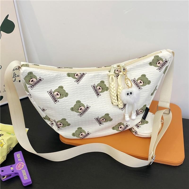 Cute Bear Print Cotton Shoulder Bag For Daily Use With Zipper Closure And Mobile Pocket