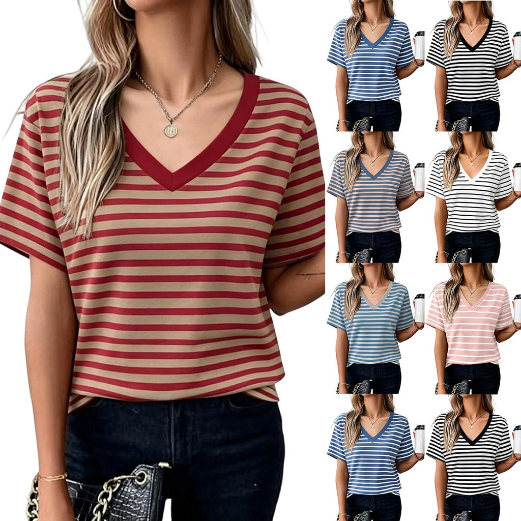 Women’s Short Sleeve V Neck Striped T Shirt Basic Summer Blouse Casual Loose Fit Lightweight Top for Daily Wear