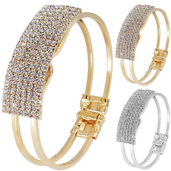 Luxury Full Rhinestone Inlaid Hollow Band Cuff Bangle Bracelet Women Jewelry