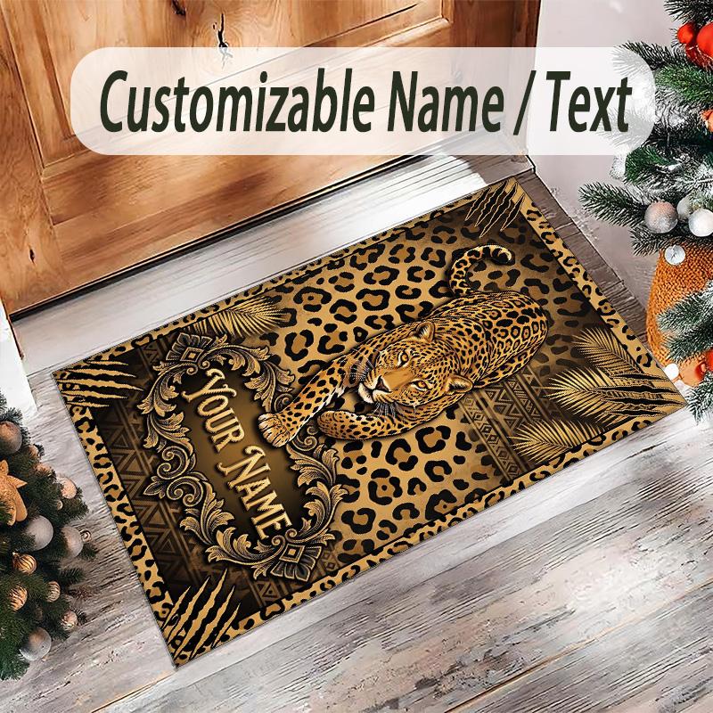 Leopard Theme Crystal Velvet Floor Rug Personalized Custom Name Text Warm Carpet Home Decoration