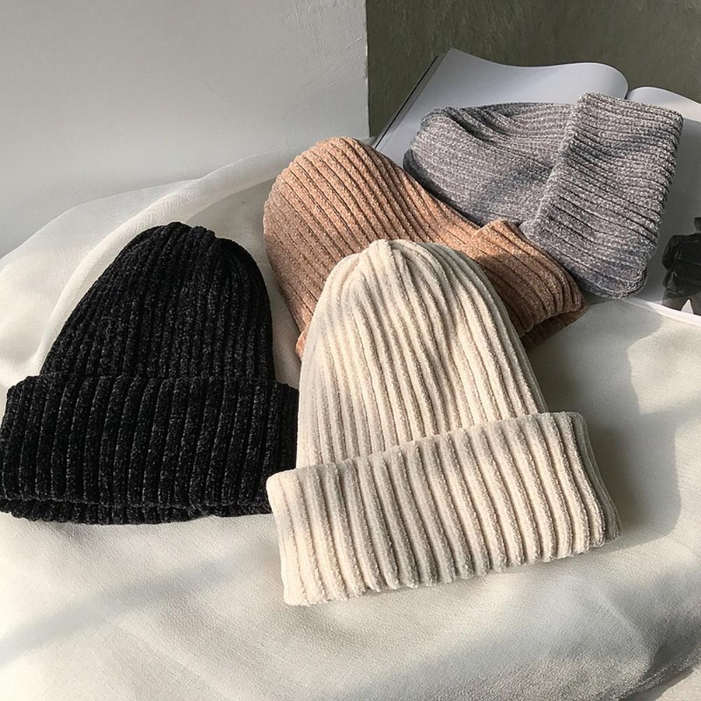 Cap No Edge Flanger Neutral Cap Thickened Solid Color Knitted Hat Men Women Coarse Corduroy Hat Stretchy Winter Hat