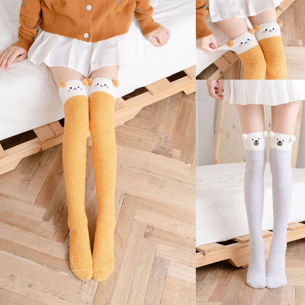 Bear Knee Lengthening Women's Fashion Sleep Sock Coral Fleece Socks Stockings Floor Socks
