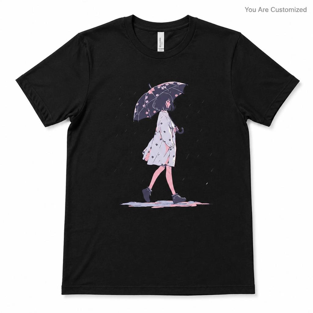 Anime Girl Umbrella Graphic T Shirt Black Unisex Rainy Day Manga Style Tee 1