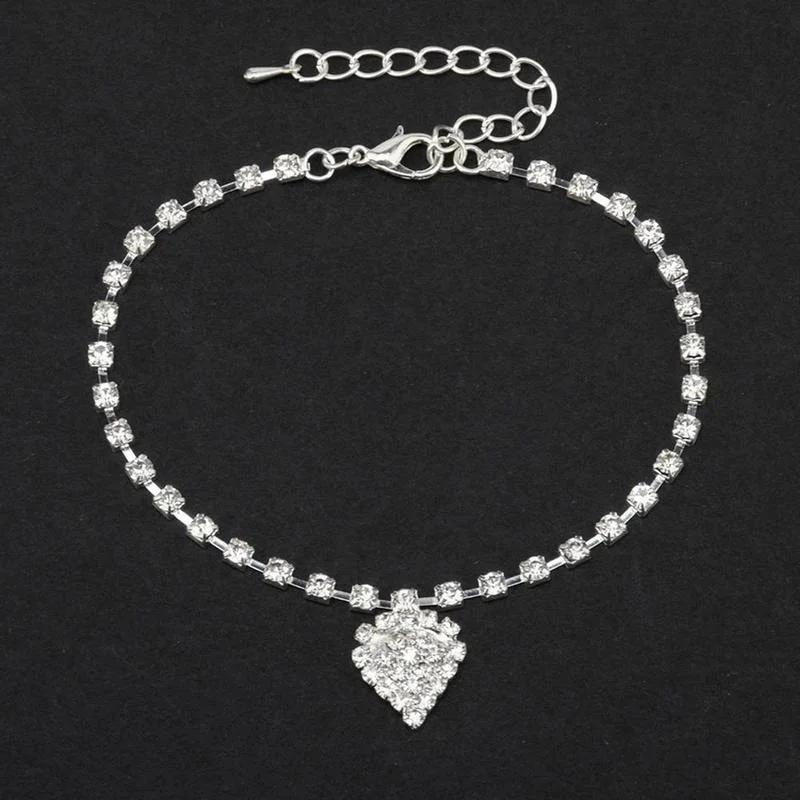 Women Summer Fashion Beach Feet with All-match Rhinestone Heart-shaped Pendant Full of  Anklets Accessories Creative Gifts
