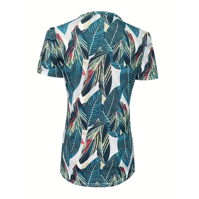 Tropical Print V Neck T-Shirt, Casual Short Sleeve T-Shirt For Spring & Summer, Women's Clothing