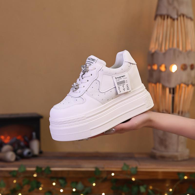 Thick-soled 2025 spring and autumn heightening white shoes super high women's shoes lace-up new round head fashion thin casual versatile