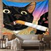 Funny Smoking Black Cat Tapestry Japanese Ukiyoe Style Cat Wall Hanging Cool Aesthetic Room Decor Suitable Offices Bars Party
