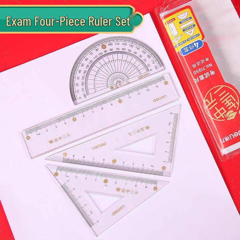 Deli 71961 Triple Success Geometry Toolkit: 4-Piece Acrylic Exam Ruler and Set Square Set
