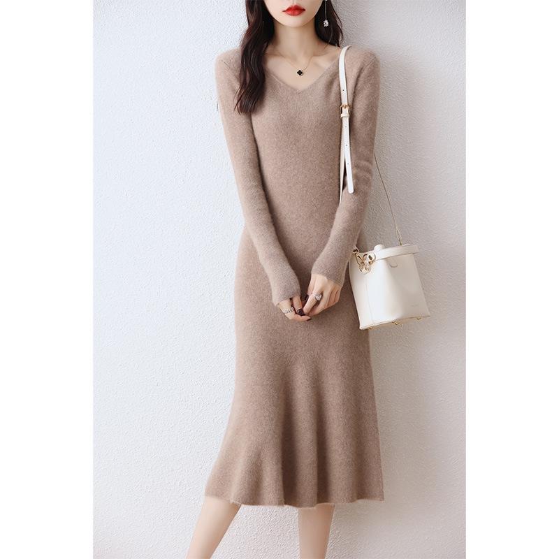 V-Neck Wool-Cashmere Sweater Dress for Women - Slim Fit, Mid-Length, Over-the-Knee, Autumn/Winter Style