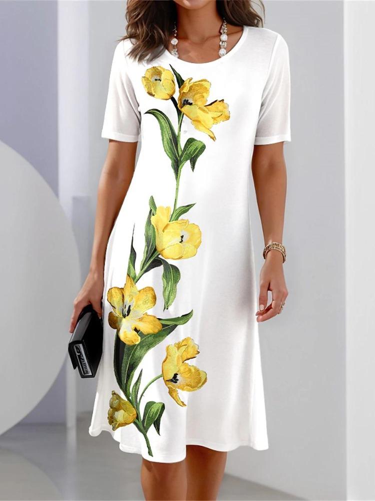 Dámské ležérní dlouhé letní šaty ve vintage stylu, pohodlný O výstřih, květinový potisk, délka ke kolenům, s kapsami