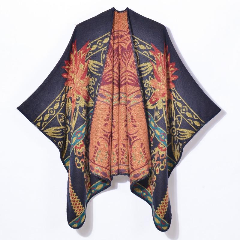 Autumn and Winter Retro Thickened Warm Shawl Cape Fashion Flower Split Jacquard Scarf
