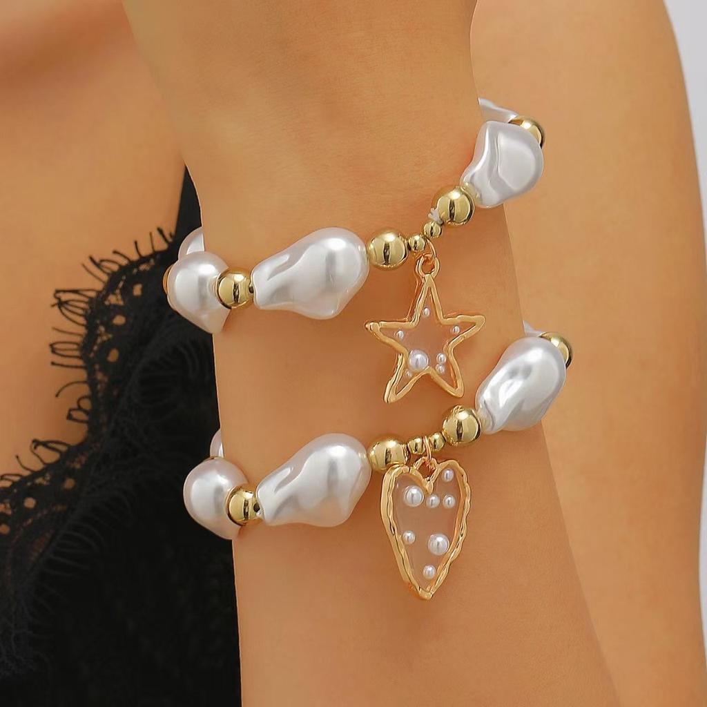 Baroque Sweet Luxurious Imitation Pearl Heart Shaped Pentagram Bracelet