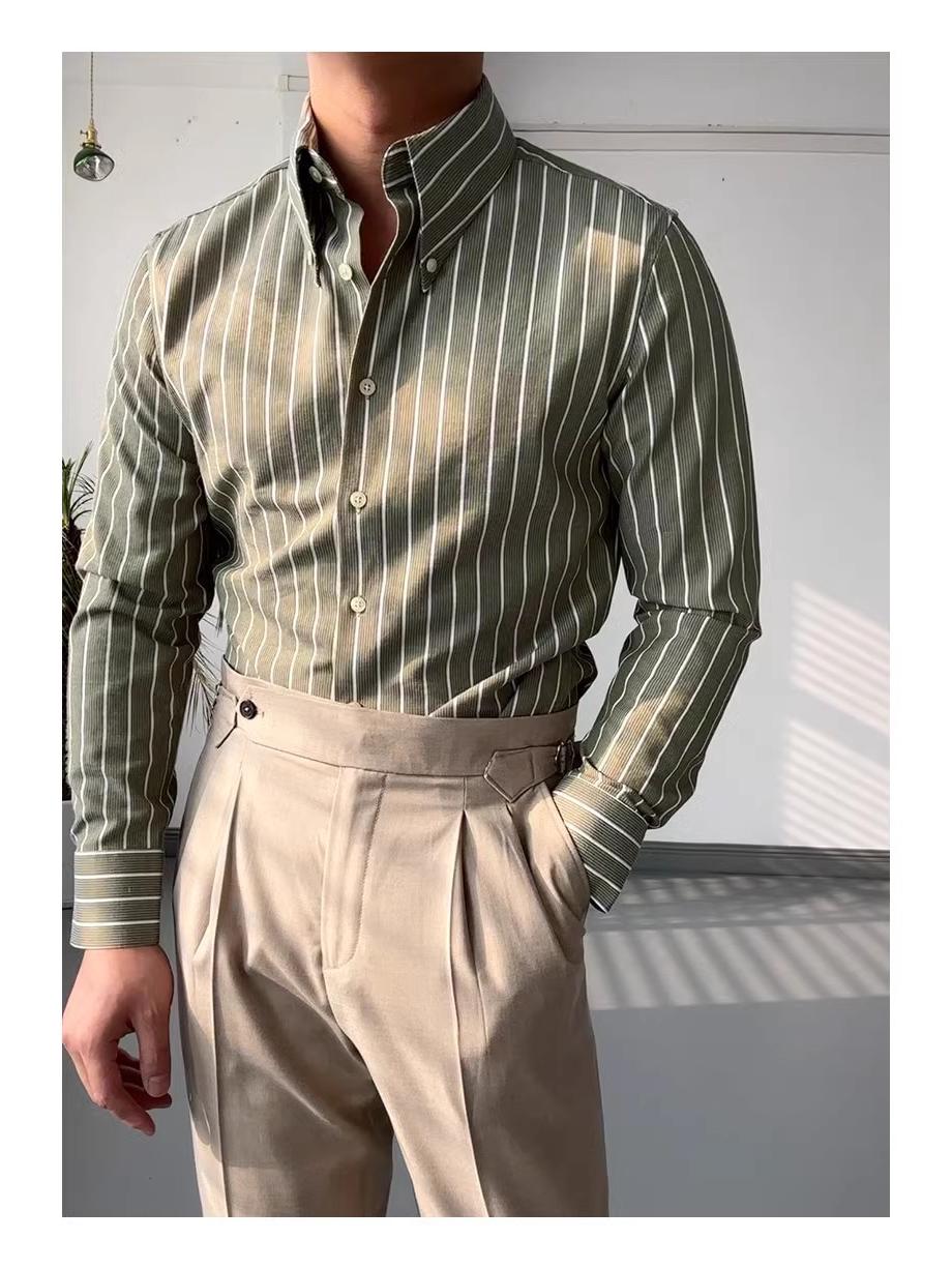 

Ruishen Apparel Итальянская рубашка в стиле ретро зеленая в полоску с длинным рукавом и длинным остроконечным воротником M