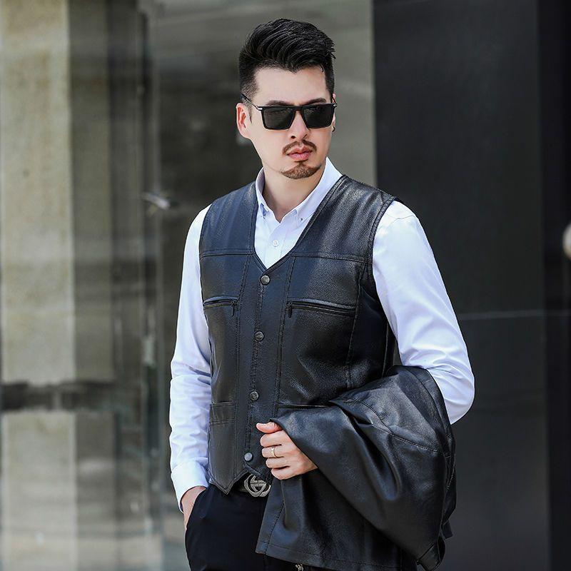 New Men's Loose Leather Vest Korean Slim Horse Clip Sleeveless Casual