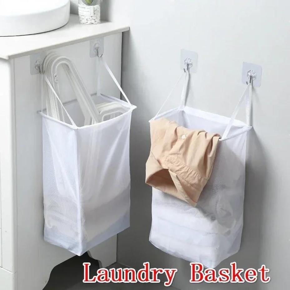 1 Pcs Home Foldable Multifunctional Wall Hanging Laundry Basket Washing Clothes Organizer Mesh Storage Punch Free Adhesive Hook