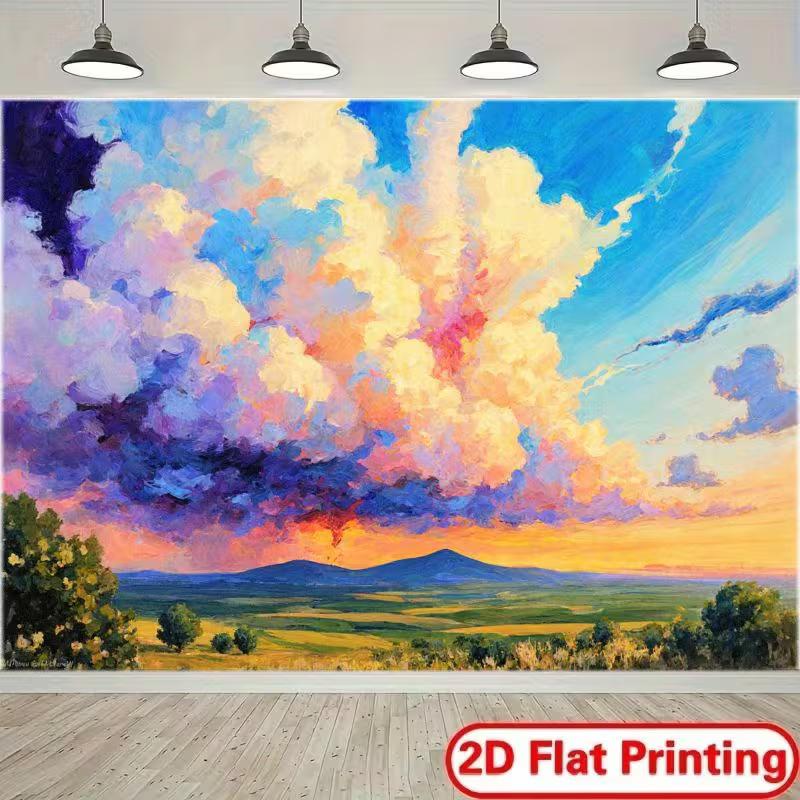 

2D Vibrant Sunset Cloud Painting Backdrop with Green Field and Mountains 47.2x31.5inch/120*80cm
