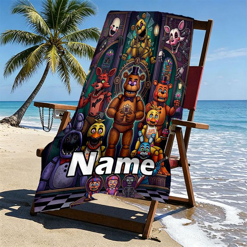 Personlig tilpasset strandhåndkle med navn, Five Nights at Freddy's-trykk, for reise, camping, strandfest, hjemmedekor, bursdagsgave til familie og venner