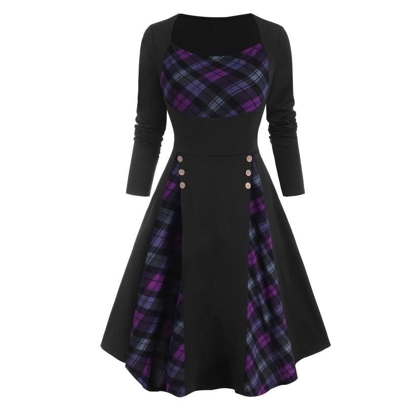 Autumn Women's Plaid Printed Waist Cinching Dress Long Casual Dresses