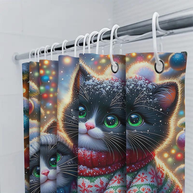 Christmas-Themed Shower Curtain Featuring Two Cute Cats Wearing Cozy Sweaters In A Snowy Winter Wonderland With Colorful Lights